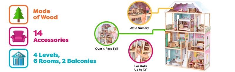 KidKraft Charlotte Classic Wooden Dollhouse with EZ Kraft Assembly, 14-Piece Accessory Set, for 12-Inch Dolls, Gift for Ages 3+