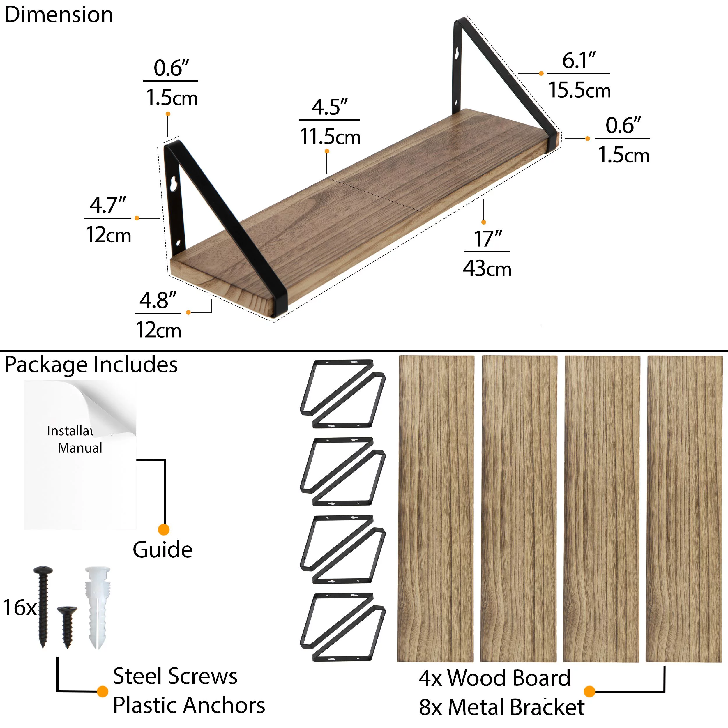 Wallniture Ponza 17" Wall Shelf Rustic Decor Set of 4 Floating Shelves, Wood, Natural Burned - Image 12