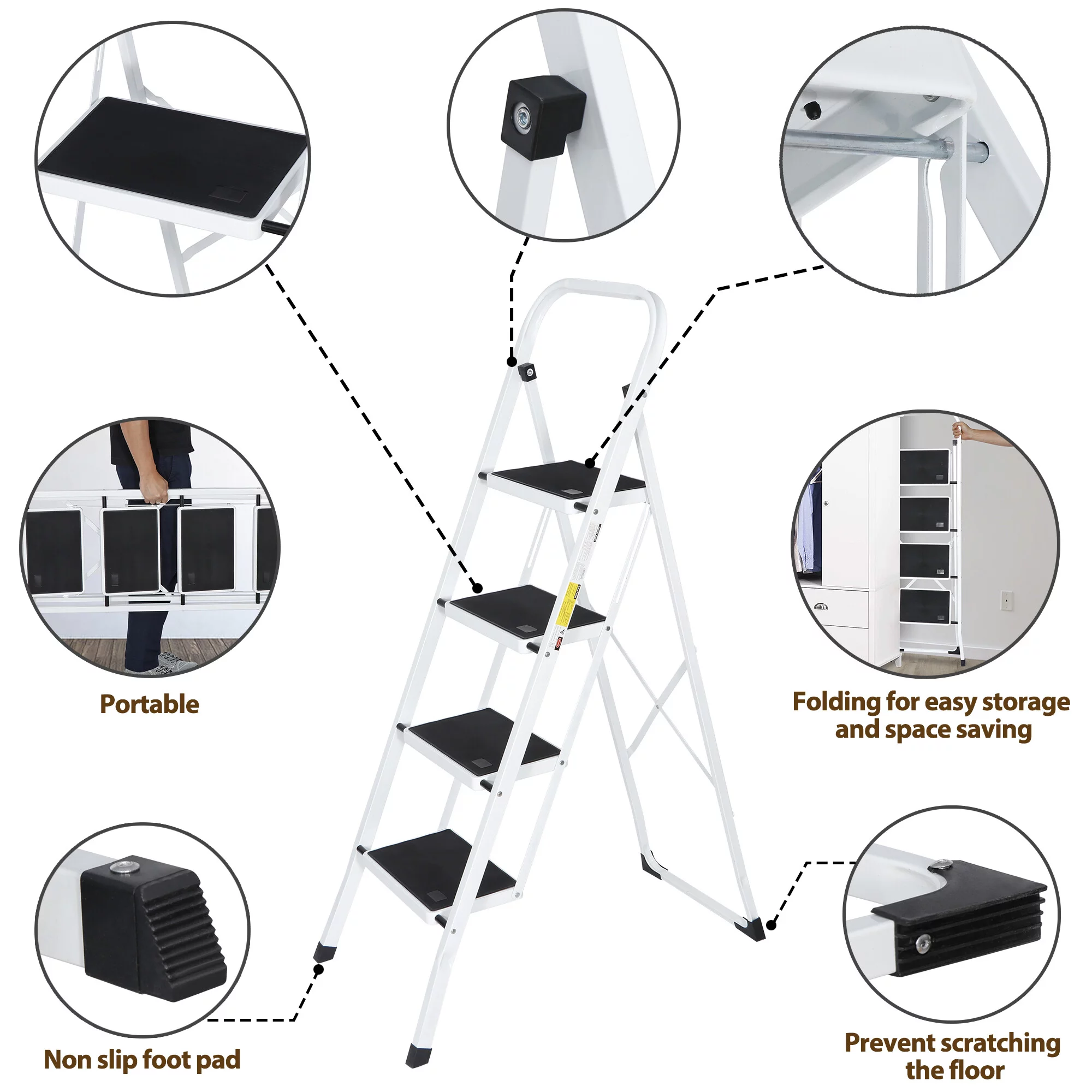 ZENSTYLE Folding 4-Step Ladder Anti-Slip Platform 330 lbs Capacity Portable Steel Frame - Image 3