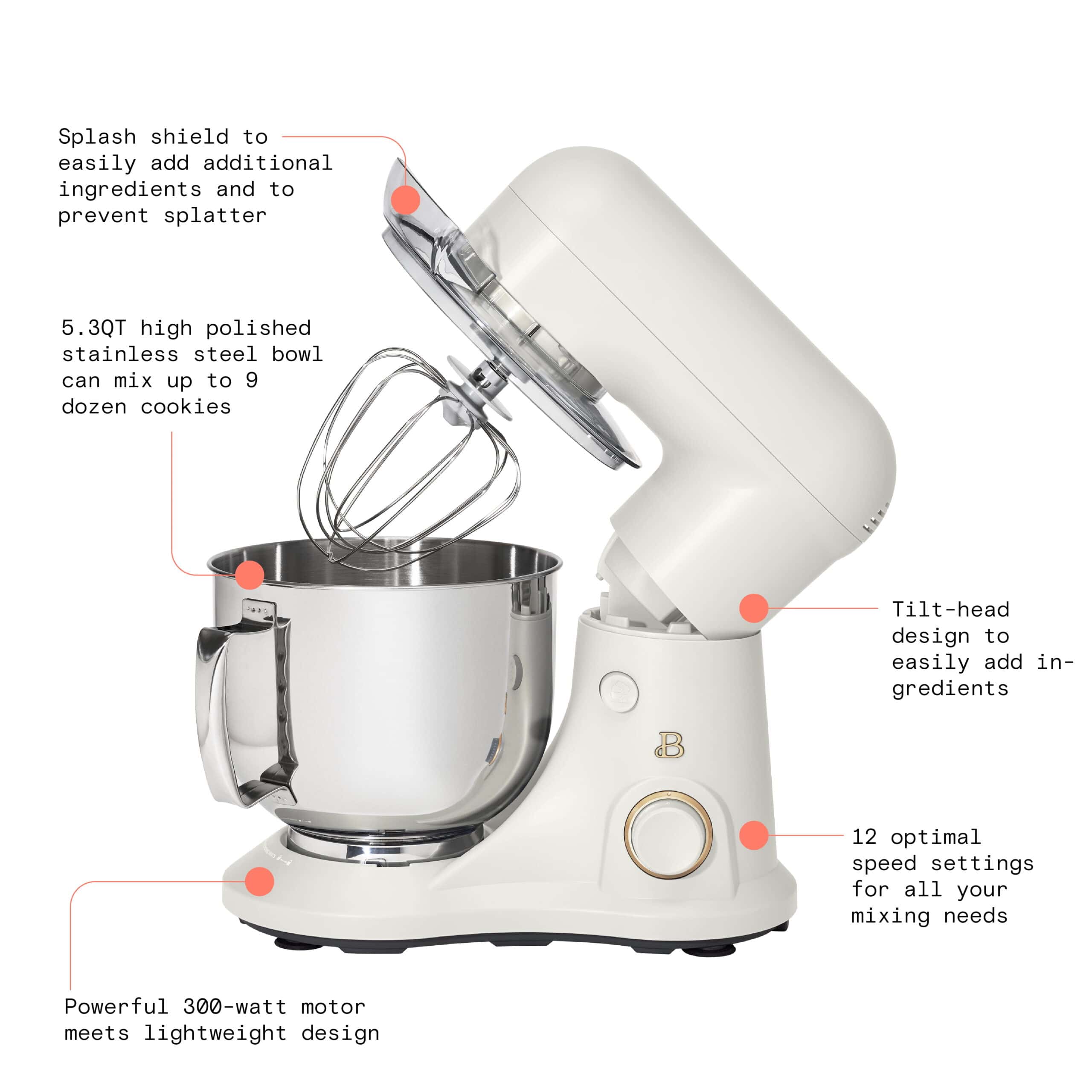 Beautiful 5.3QT Capacity Lightweight & Powerful Tilt-Head Stand Mixer, White Icing by Drew Barrymore - Image 4
