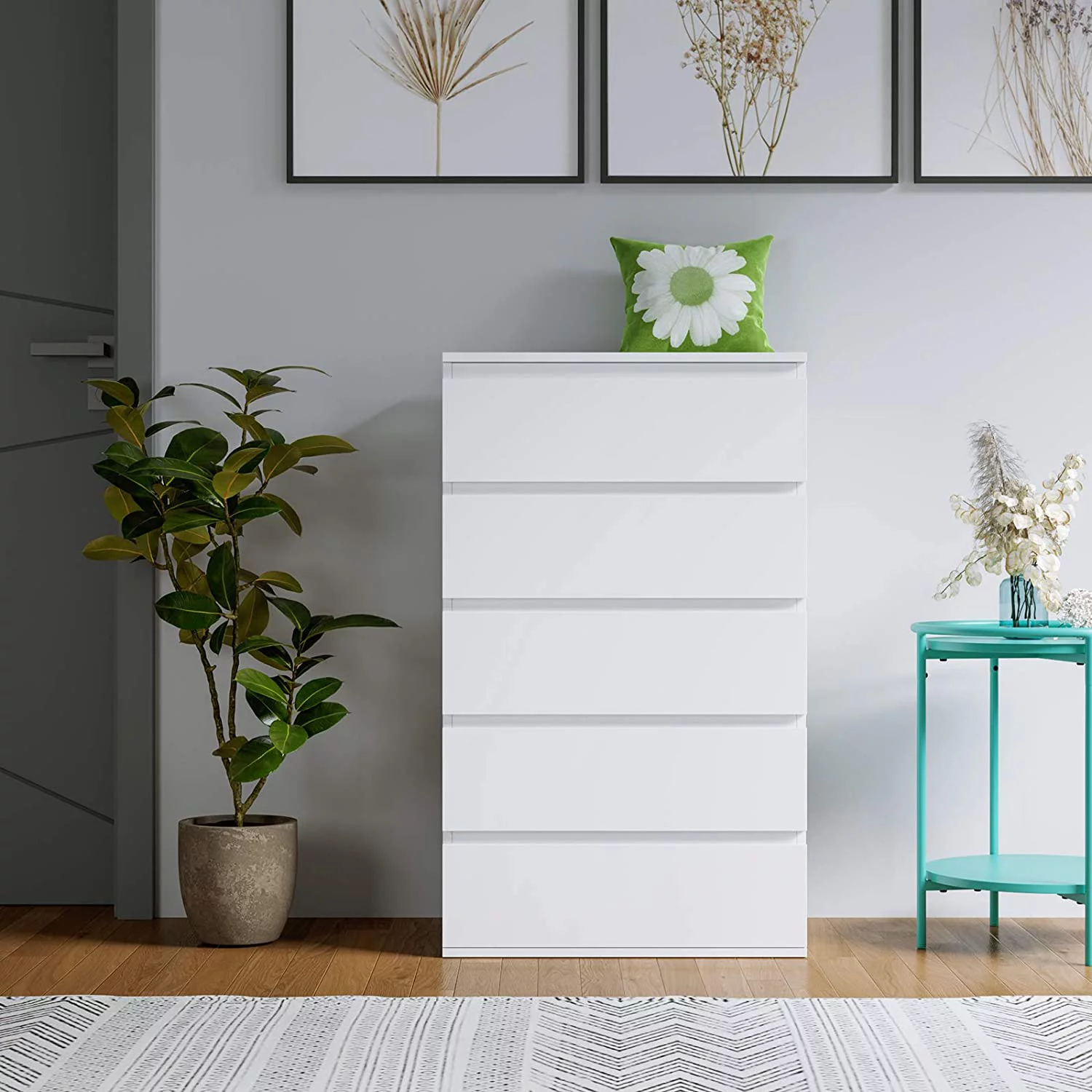 Homfa 5 Drawer White Dresser, Modern Storage Cabinet for Bedroom, White Chest of Drawers Wood Organizer for Living Room - Image 2