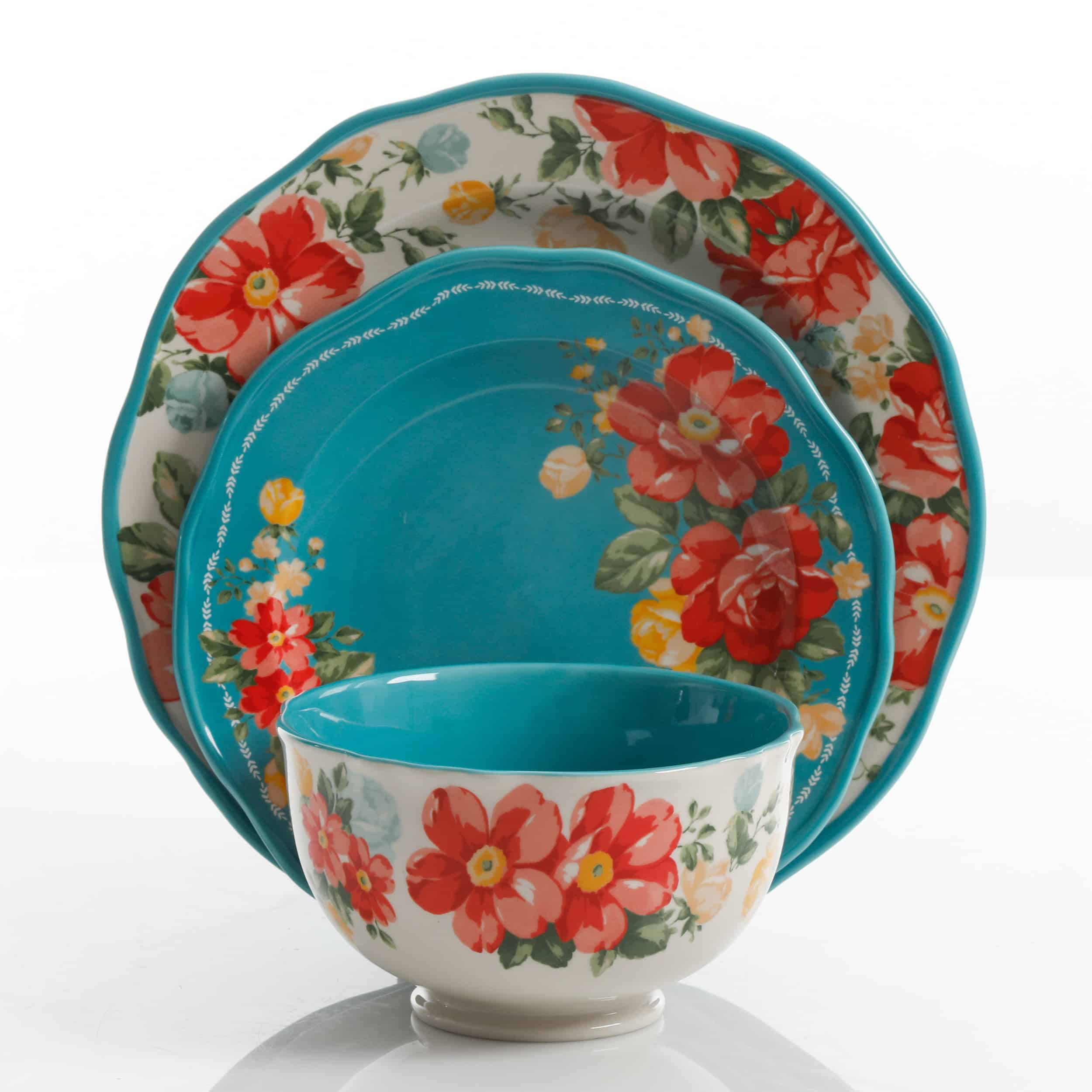 The Pioneer Woman Vintage Floral 12-Piece Dinnerware Set, Teal - Image 2