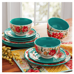 The Pioneer Woman Vintage Floral 12-Piece Dinnerware Set, Teal