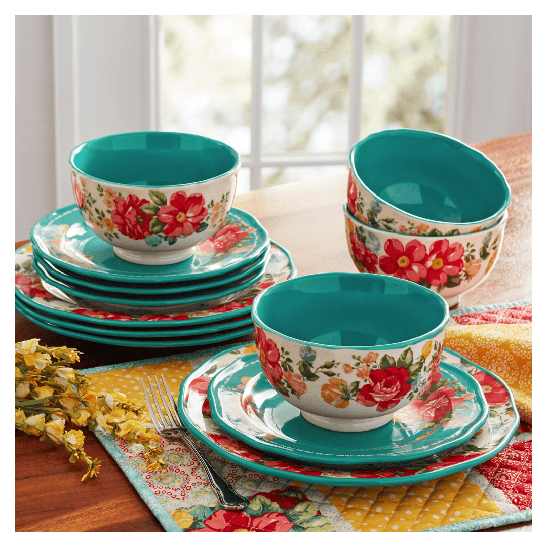 The Pioneer Woman Vintage Floral 12-Piece Dinnerware Set, Teal