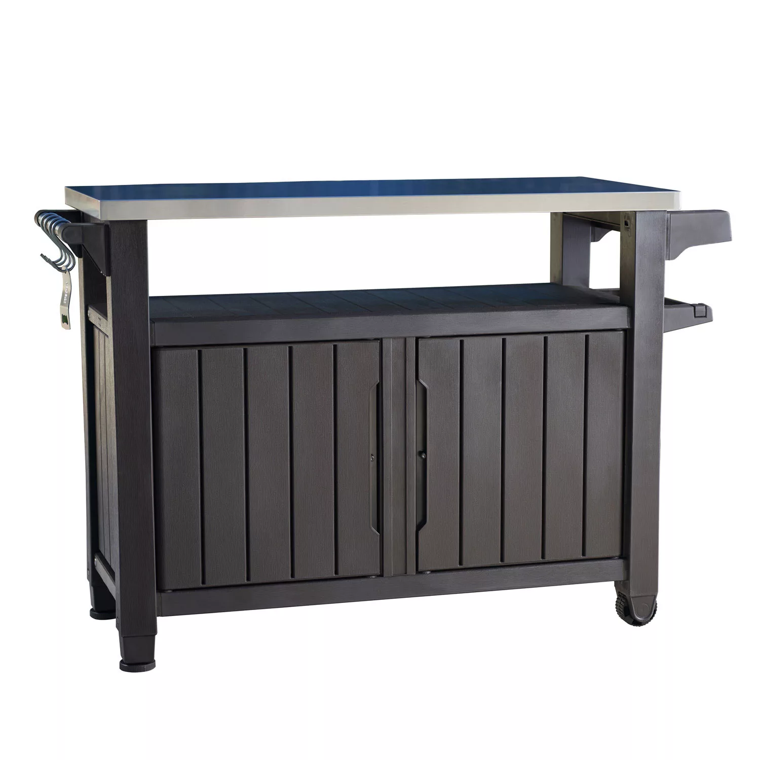 Keter Unity XL Portable Outdoor Table and Storage Cabinet with Hooks for Grill Accessories - Espresso Brown