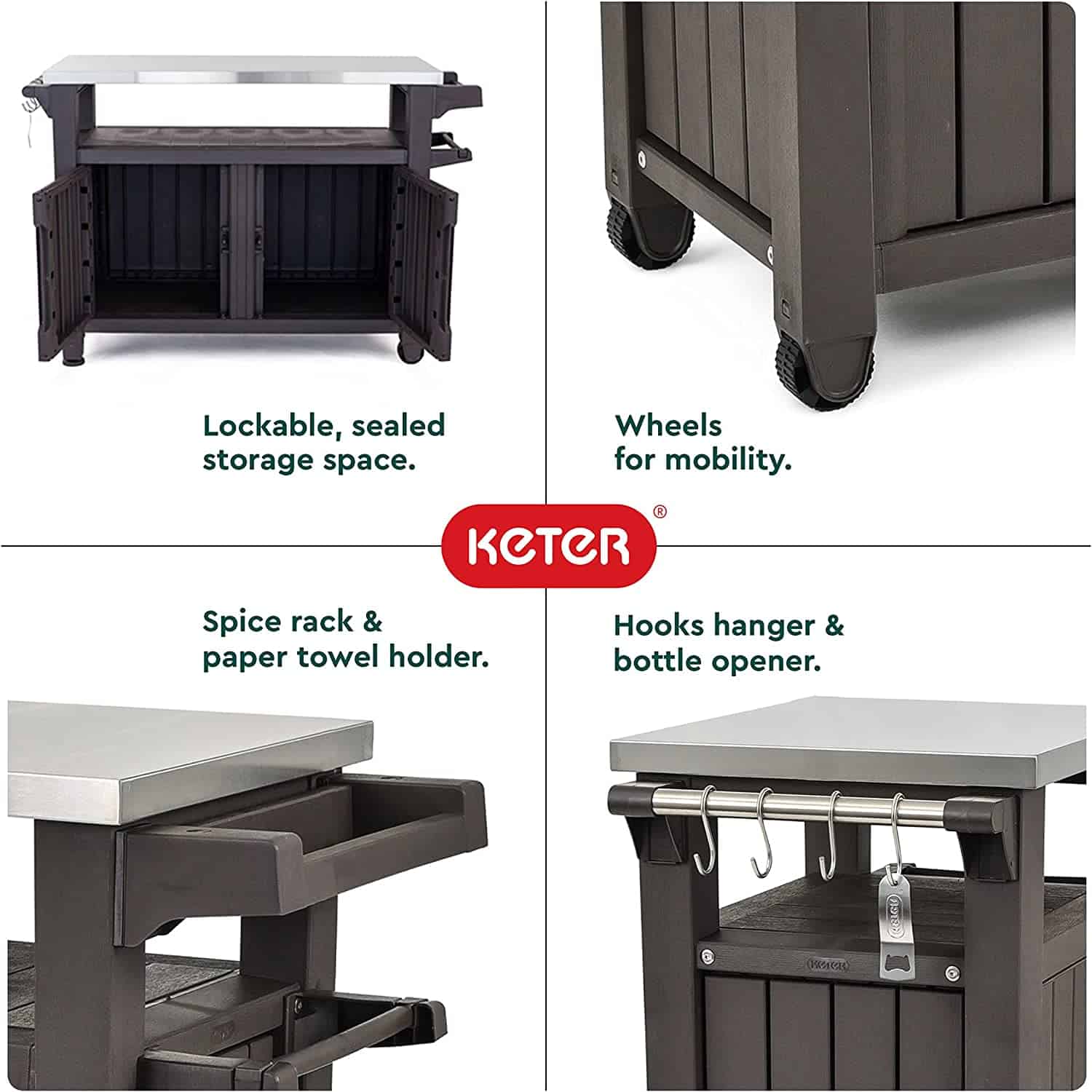 Keter Unity XL Portable Outdoor Table and Storage Cabinet with Hooks for Grill Accessories - Espresso Brown (Copy) - Image 4