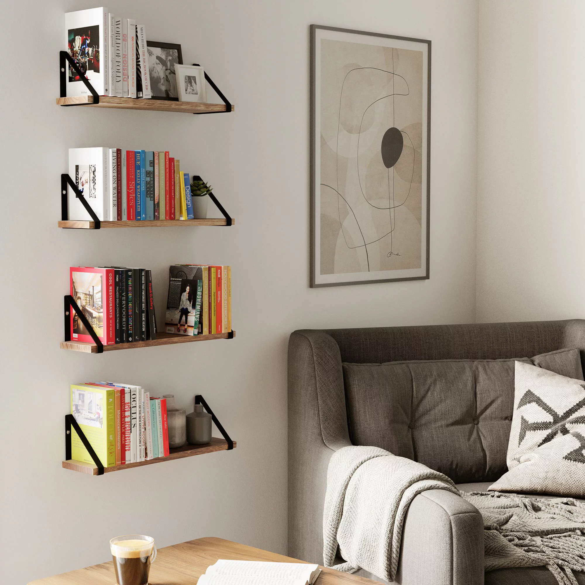 Wallniture Ponza 17" Wall Shelf Rustic Decor Set of 4 Floating Shelves, Wood, Natural Burned - Image 9
