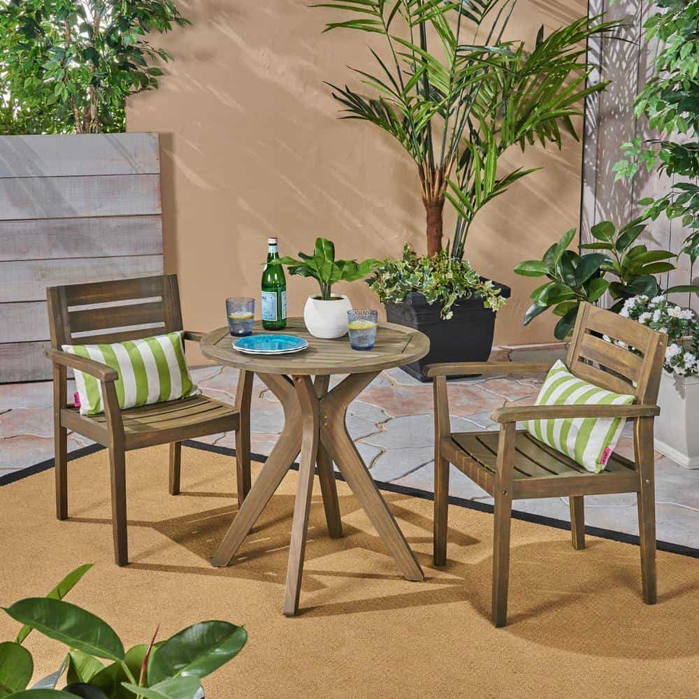 Noble House Stamford Grey 3-Piece Wood Outdoor Bistro Set with Cross-Legged Table - Image 2