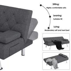 Homfa Convertible Futon Sofa Bed Couch, Folding Sleeper Upholstered Sofa with Removable Armrests and 2 Cup Holders, Dark Gray