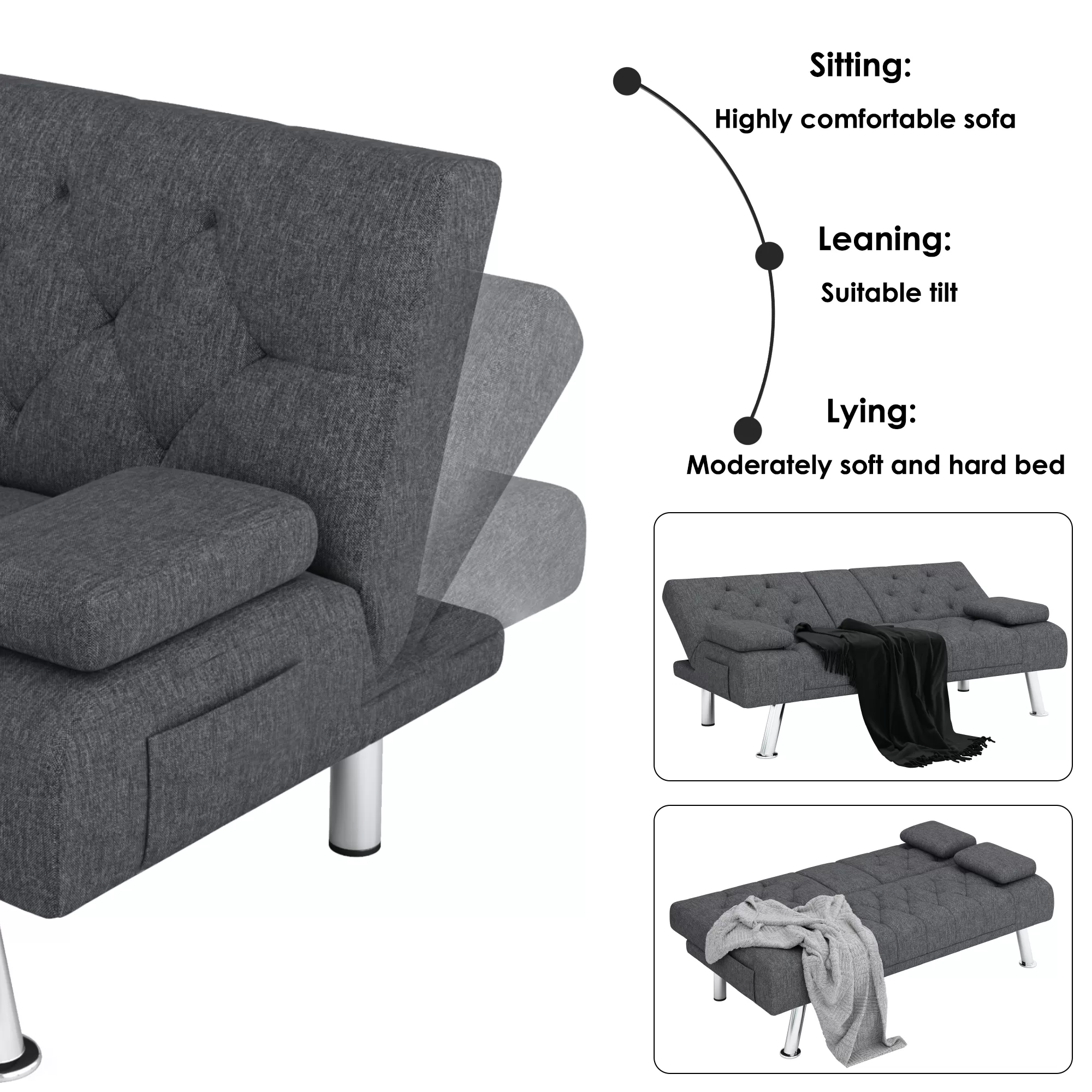 Homfa Convertible Futon Sofa Bed Couch, Folding Sleeper Upholstered Sofa with Removable Armrests and 2 Cup Holders, Dark Gray