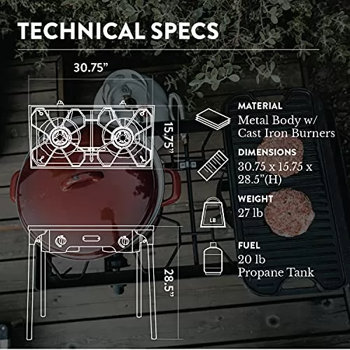 Gas One Two Burner Propane Camp Stove, Two 75,000BTU Cast Iron Burners with Windscreen Outdoor High Pressure Propane Double Burner