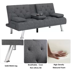 Homfa Convertible Futon Sofa Bed Couch, Folding Sleeper Upholstered Sofa with Removable Armrests and 2 Cup Holders, Dark Gray