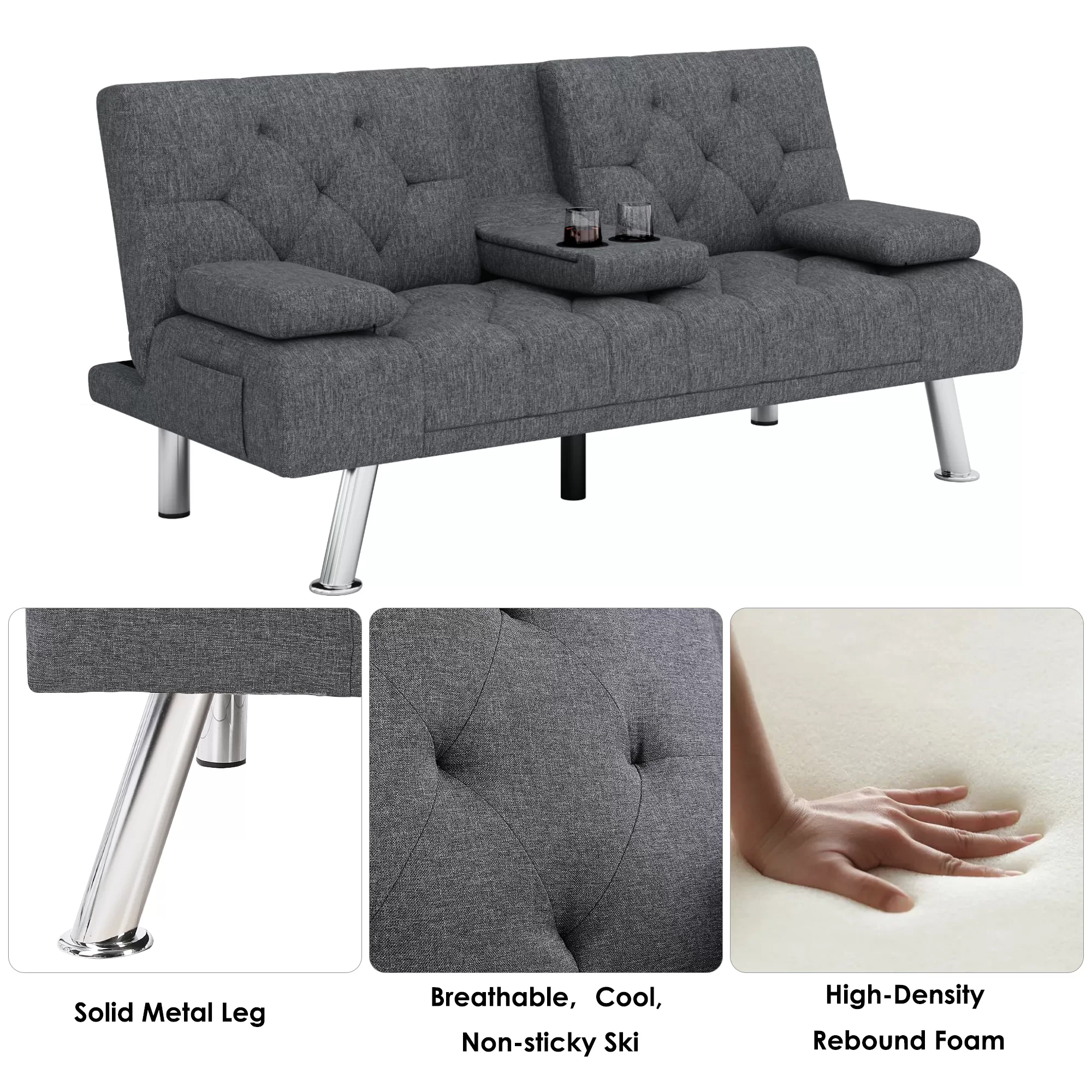 Homfa Convertible Futon Sofa Bed Couch, Folding Sleeper Upholstered Sofa with Removable Armrests and 2 Cup Holders, Dark Gray