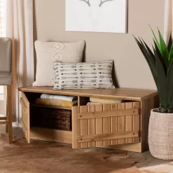 Baxton Studio Oswald Modern and Contemporary Farmhouse Natural Oak Brown Finished Wood 2-Door Storage Bench