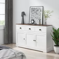 Homfa Sideboard Storage Cabinet with 3 Drawers & 3 Doors, 53.54'' Wide Buffet Cabinet for Dining Room, White