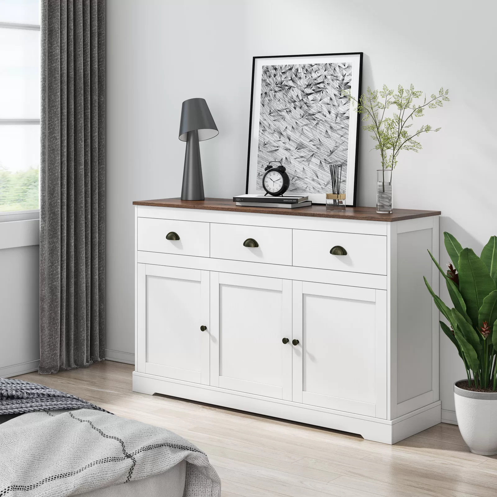 Homfa Sideboard Storage Cabinet with 3 Drawers & 3 Doors, 53.54'' Wide Buffet Cabinet for Dining Room, White