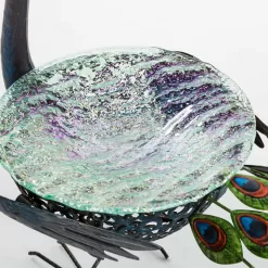 Wind & Weather Vibrant Metal Peacock Birdbath with Glass Bowl