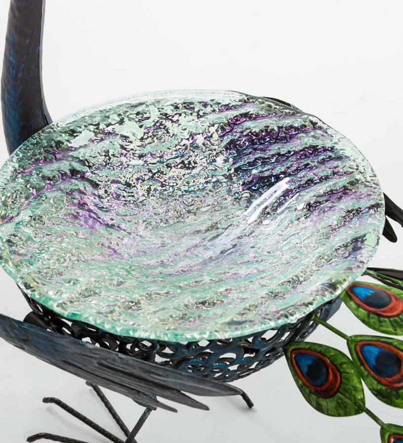 Wind & Weather Vibrant Metal Peacock Birdbath with Glass Bowl