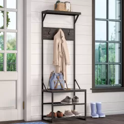 RiverRidge Home Afton Metal Frame Hall Tree with Seat, 3 Open Shelves, and 3 Hooks in Dark Weathered Wood