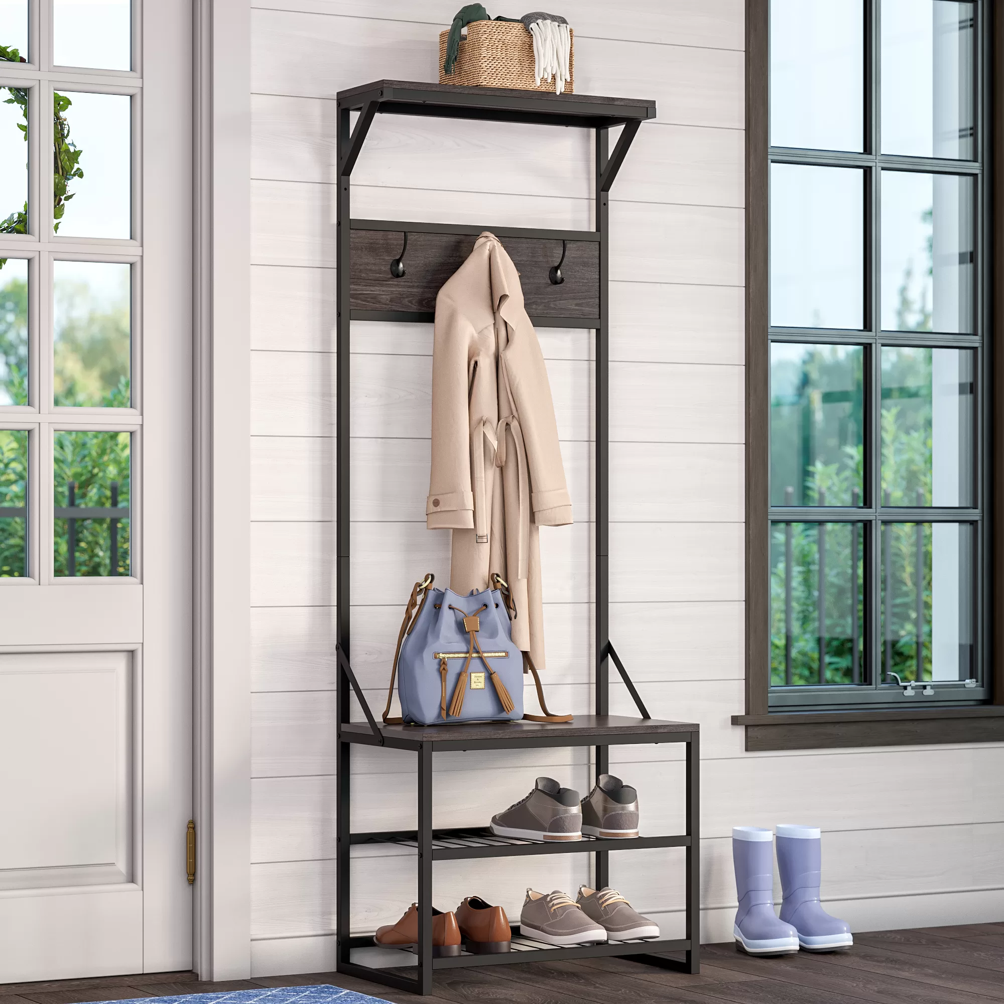 RiverRidge Home Afton Metal Frame Hall Tree with Seat, 3 Open Shelves, and 3 Hooks in Dark Weathered Wood