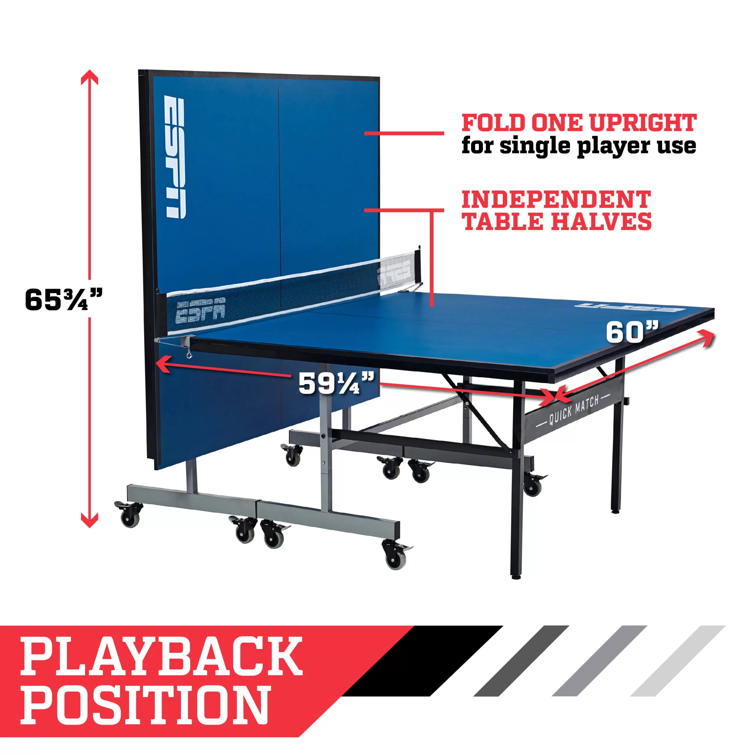 ESPN Official Size 2 Piece 15mm Indoor Quick Match Table Tennis Table, Blue