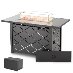 Outdoor Propane Fire Pit Table, 43 inch 60,000 BTU Auto-Ignition Outdoor Gas Fire Pit Tables with Glass Wind Guard, Lava Stone for Garden