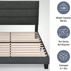 Allewie Queen Size Platform Bed Frame with Fabric Upholstered Headboard, Dark Grey