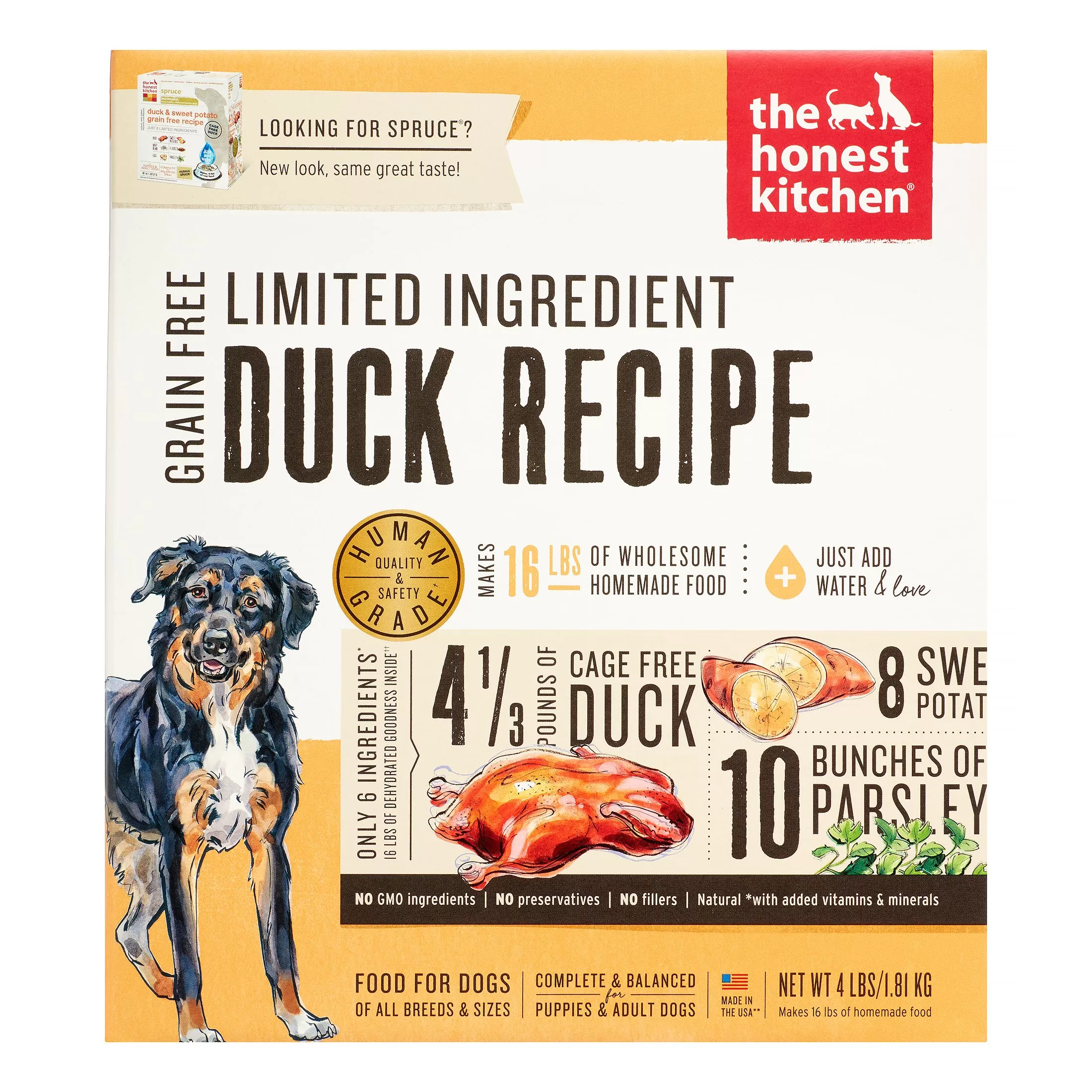 The Honest Kitchen Spruce: Dehydrated Minimalist Limited Ingredient Dog Food, Grain Free Duck & Sweet Potato, 4 lbs (Make 16 lbs)