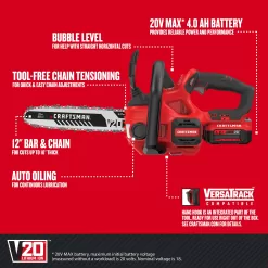 Alternative view of CRAFTSMAN CMCCS620M1 V20 20-volt Max 12-in Cordless Electric Chainsaw 4 Ah (Battery & Charger Included)