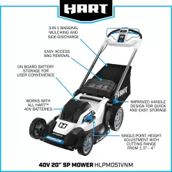 HART 40-Volt Cordless 20-inch Brushless Self Propelled Mower Kit, (1) 6.0 Ah Lithium-Ion Battery, (1) Battery Charger
