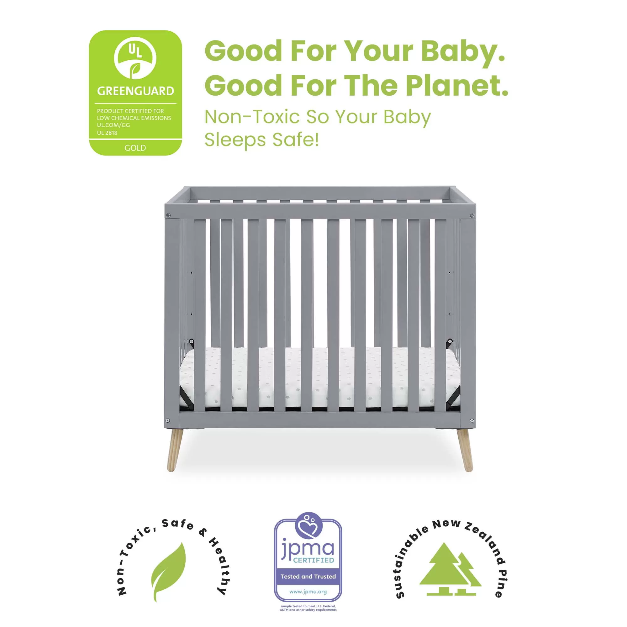 Delta Children Essex Convertible Mini Baby Crib with Mattress, Grey/Natural