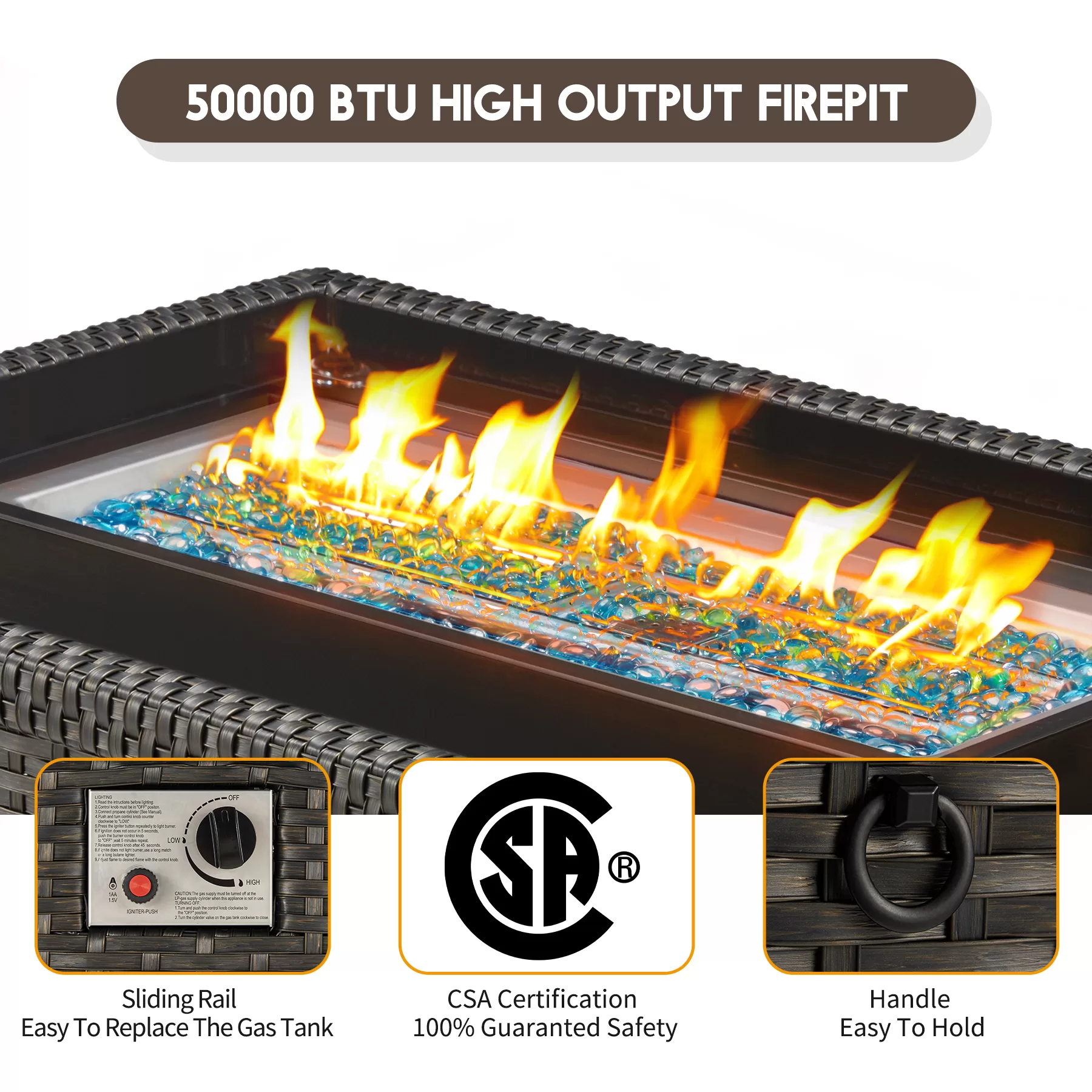 50 in Propane Fire Pit Table,Rattan Fire Pit Table Without Glass Wind Guard,50,000 BTU Gas Firepits for Outside Output