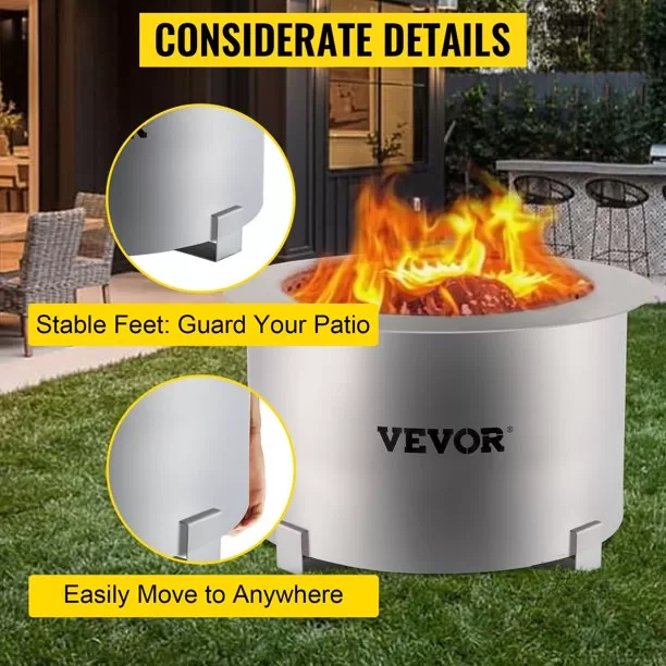 VEVOR Smokeless Fire Pit, Large 22 inch Diameter Wood Burning Fire Pit, Portable Smokeless Fire Bowl for Picnic Camping Backyard Silver