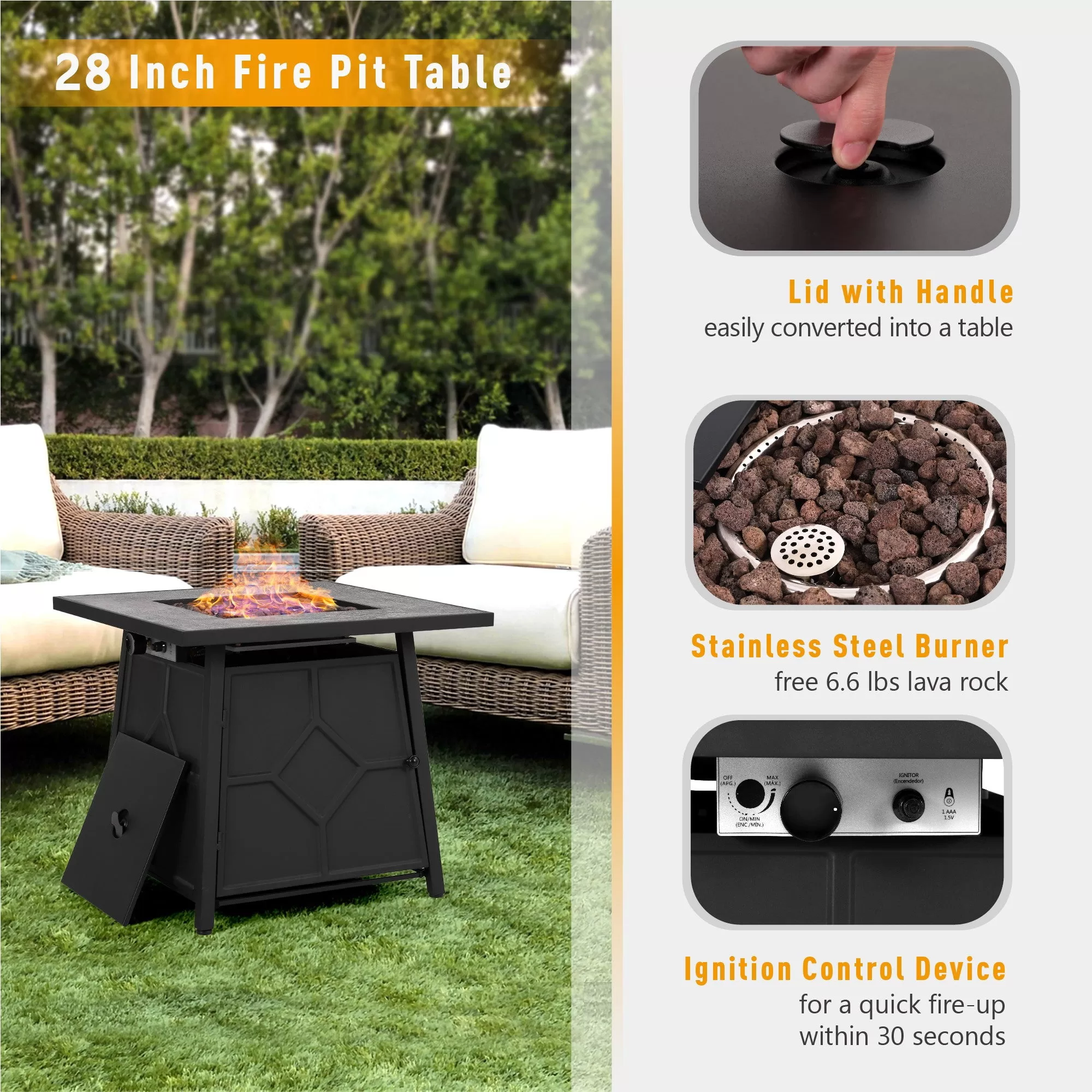 Sophia & William 28" Square Patio Gas Fire Pit Table CSA Certificated 40000 BTU