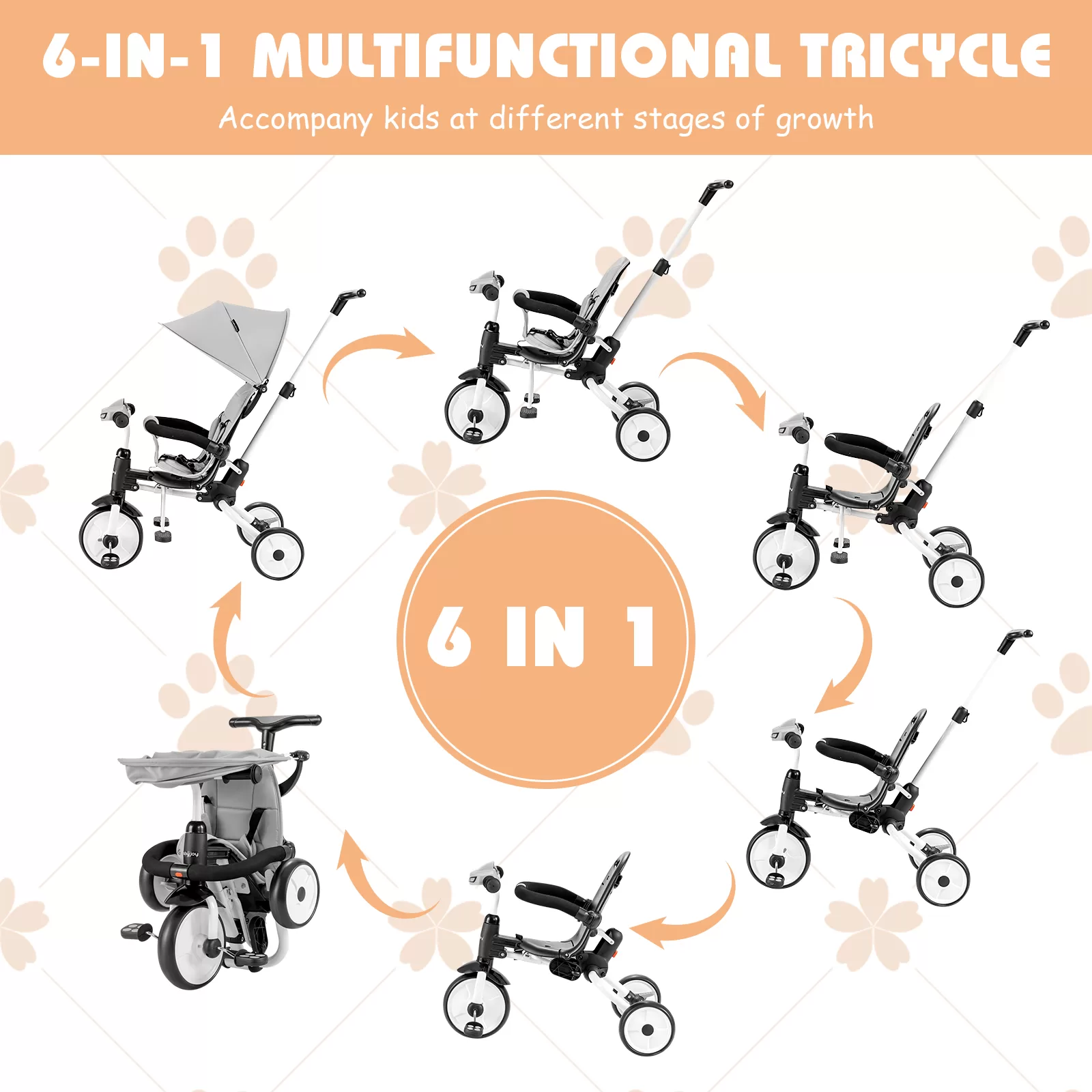 Infans 6-in-1 Folding Baby Tricycle Toddler Bike Stroller W/ Adjustable Handle Gray