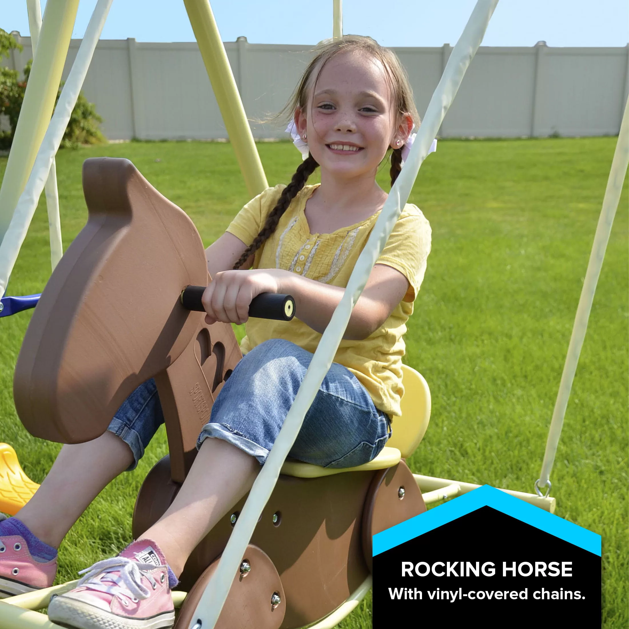 Sportspower Outdoor Super 8 Fun Metal Swing Set with 6ft Heavy Duty Slide, Saucer Swing, and Rocking Horse