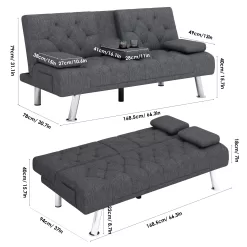 Homfa Convertible Futon Sofa Bed Couch, Folding Sleeper Upholstered Sofa with Removable Armrests and 2 Cup Holders, Dark Gray