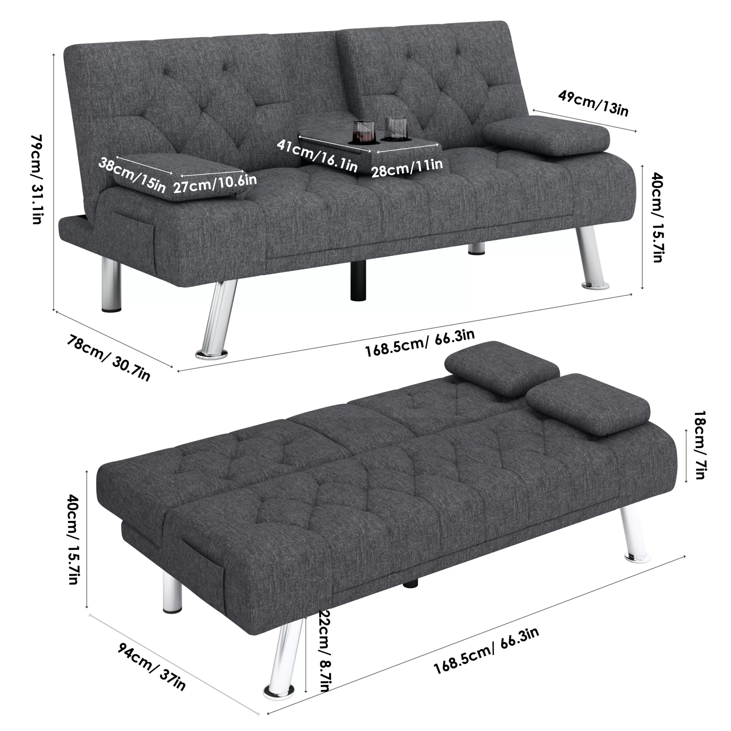 Homfa Convertible Futon Sofa Bed Couch, Folding Sleeper Upholstered Sofa with Removable Armrests and 2 Cup Holders, Dark Gray