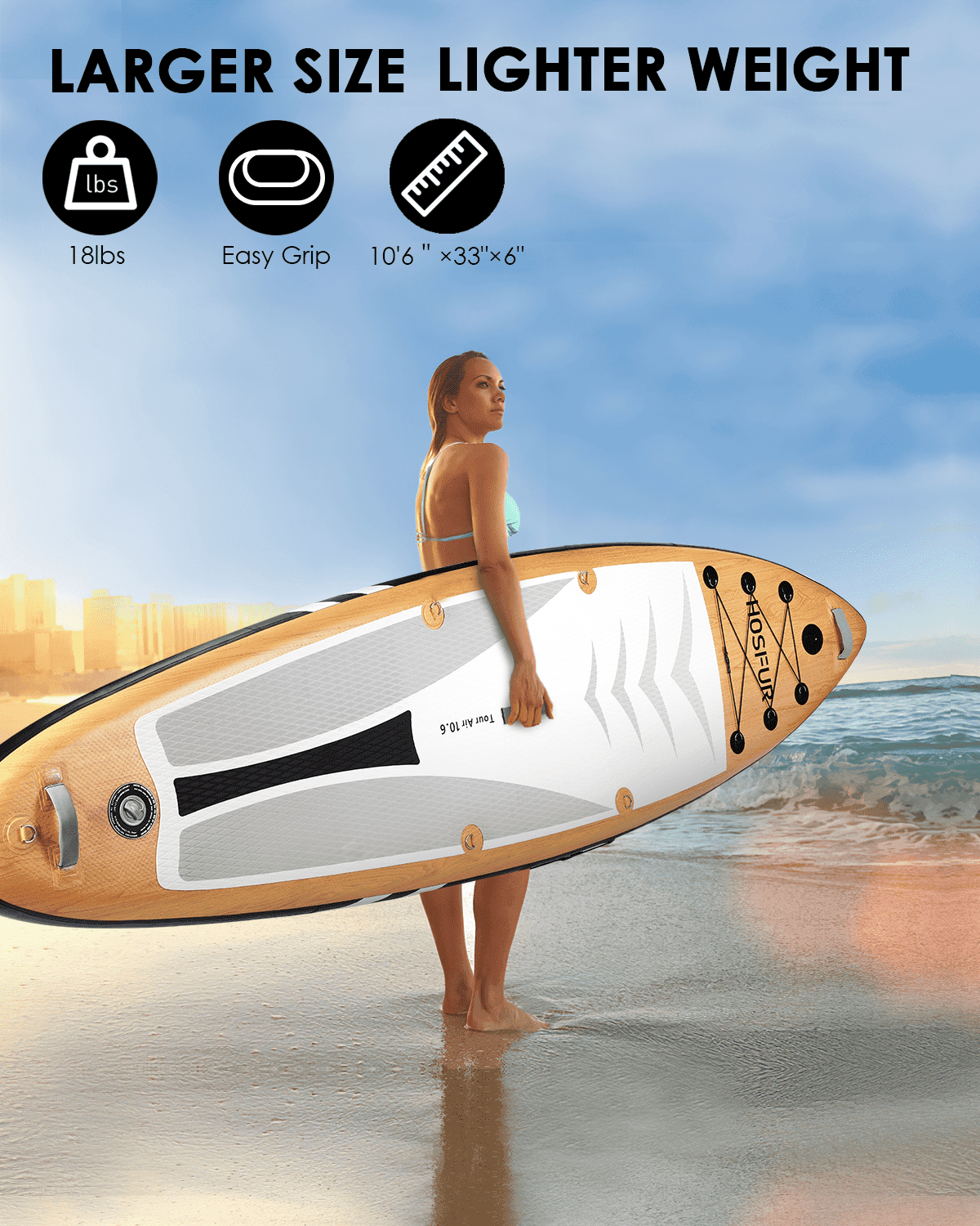HOSFUR Inflatable 10'6×33"×6" Ultra-Light (18.8lbs) SUP with Stand Up Paddle Board, Adj Paddle, Pump, ISUP Travel Backpack, Leash Waterproof Bag