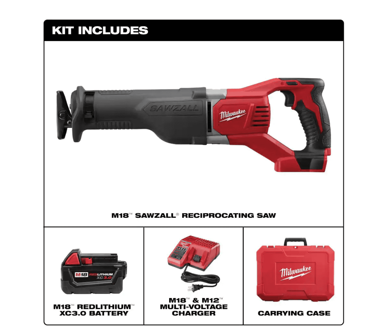 Milwaukee 2621-21 M18 18V Lithium-Ion Cordless SAWZALL Reciprocating Saw W/(1) 3.0Ah Batteries, Charger, Hard Case