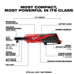 Milwaukee 2522-21XC-2457-20 M12 FUEL 12-Volt 3 in. Lithium-Ion Brushless Cordless Cut Off Saw Kit W/ M12 3/8 in. Ratchet