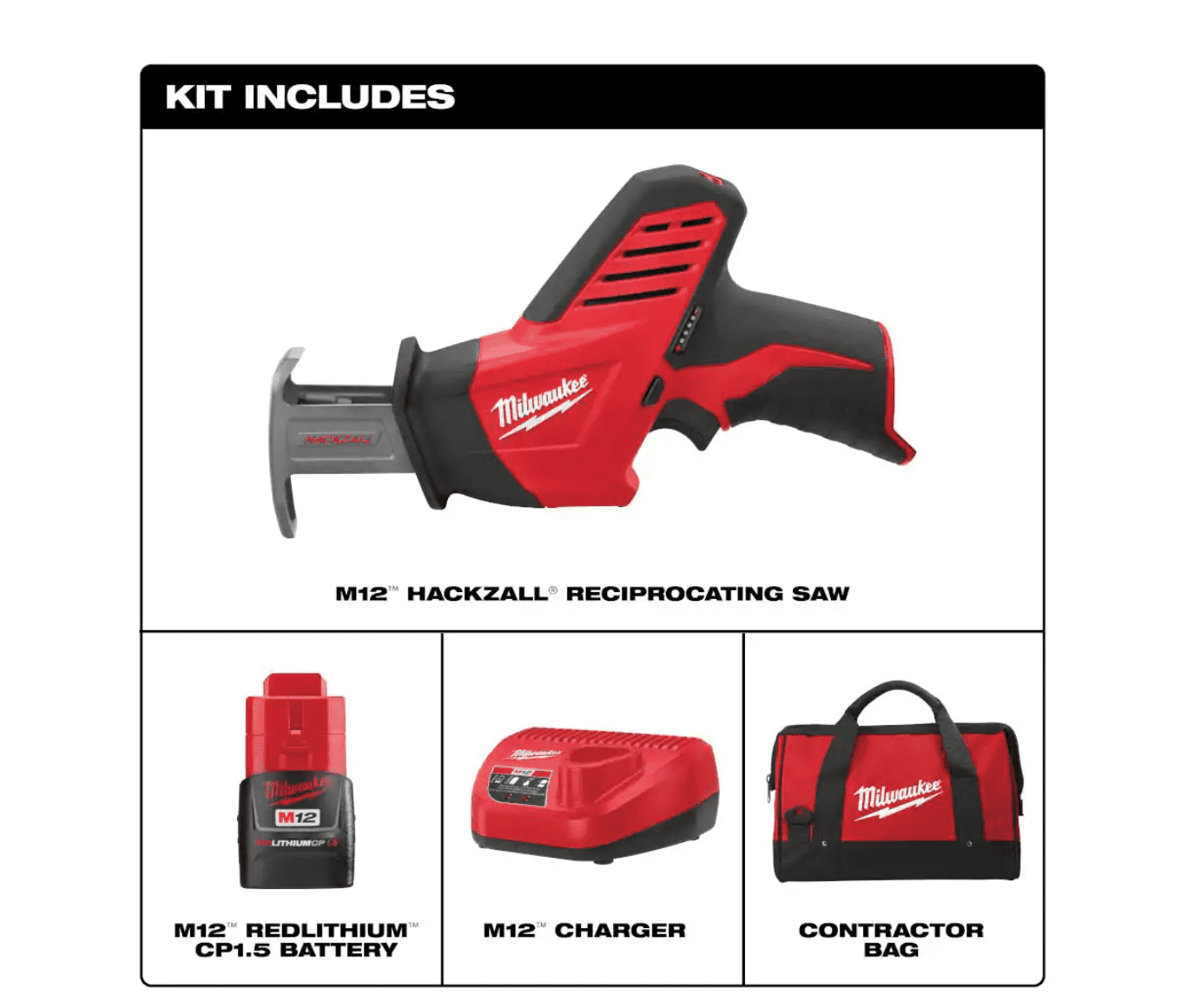 Milwaukee 2420-21 M12 12V Lithium-Ion HACKZALL Cordless Reciprocating Saw Kit with One 1.5Ah Batteries, Charger and Tool Bag