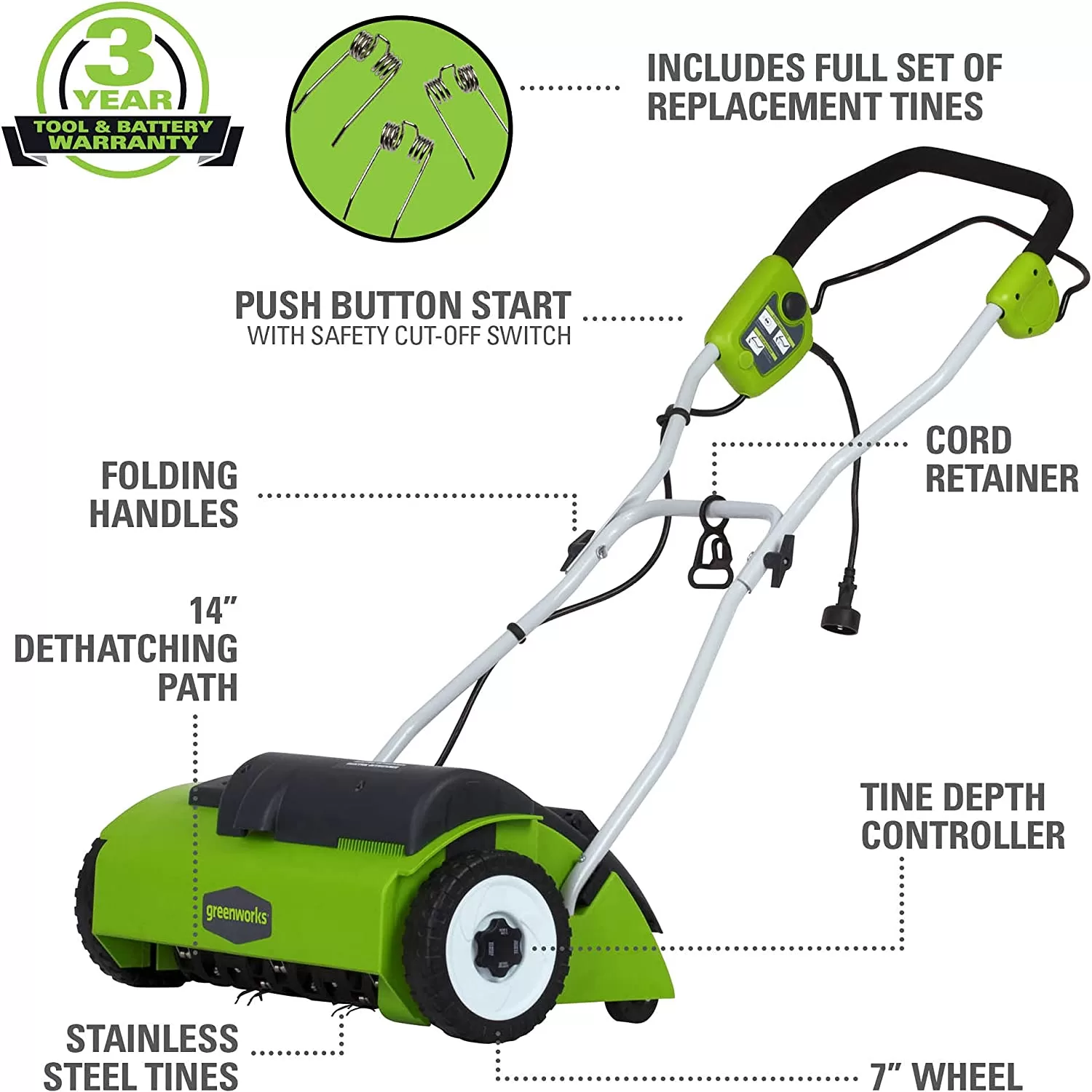 Greenworks 27022 Corded Electric Dethatcher (Stainless Steel Tines) - Image 2