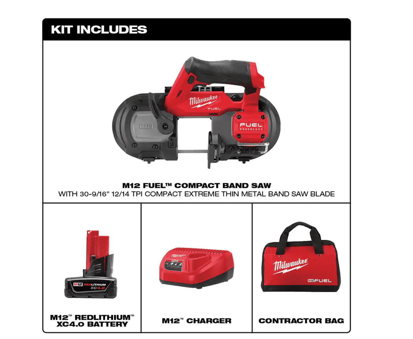 Milwaukee Band Saw 2529-21XC M12 FUEL 12V Lithium-Ion Cordless Compact XC Kit with One 4.0 Ah Battery, Charger and Bag