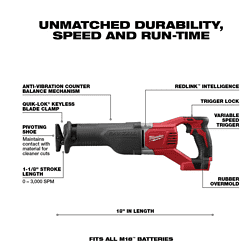 Milwaukee 2621-20-48-11-1837 M18 18V Lithium-Ion Cordless SAWZALL Reciprocating Saw with Two 3.0Ah Batteries