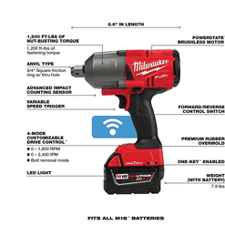 Milwaukee 2864-20-48-11-185 M18 FUEL ONE-KEY 18V Lithium-Ion Brushless Cordless 3/4 in. Impact Wrench w/ Friction Ring & M18 5.0 Ah Battery