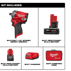 Milwaukee 2555-22 M12 FUEL 12V Lithium-Ion Brushless Cordless Stubby 1/2 in. Impact Wrench Kit with One 4.0 and One 2.0Ah Batteries