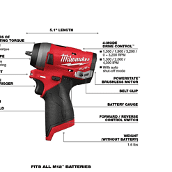 Milwaukee 2555-20-48-11-2420 M12 FUEL 12V Lithium-Ion Brushless Cordless Stubby 1/2 in. Impact Wrench with M12 2.0Ah Battery