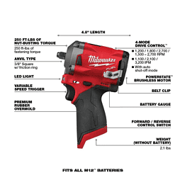 Milwaukee 2554-20-48-11-2420 M12 FUEL 12V Stubby 3/8 in. Lithium-Ion Brushless Cordless Impact Wrench with M12 2.0Ah Battery