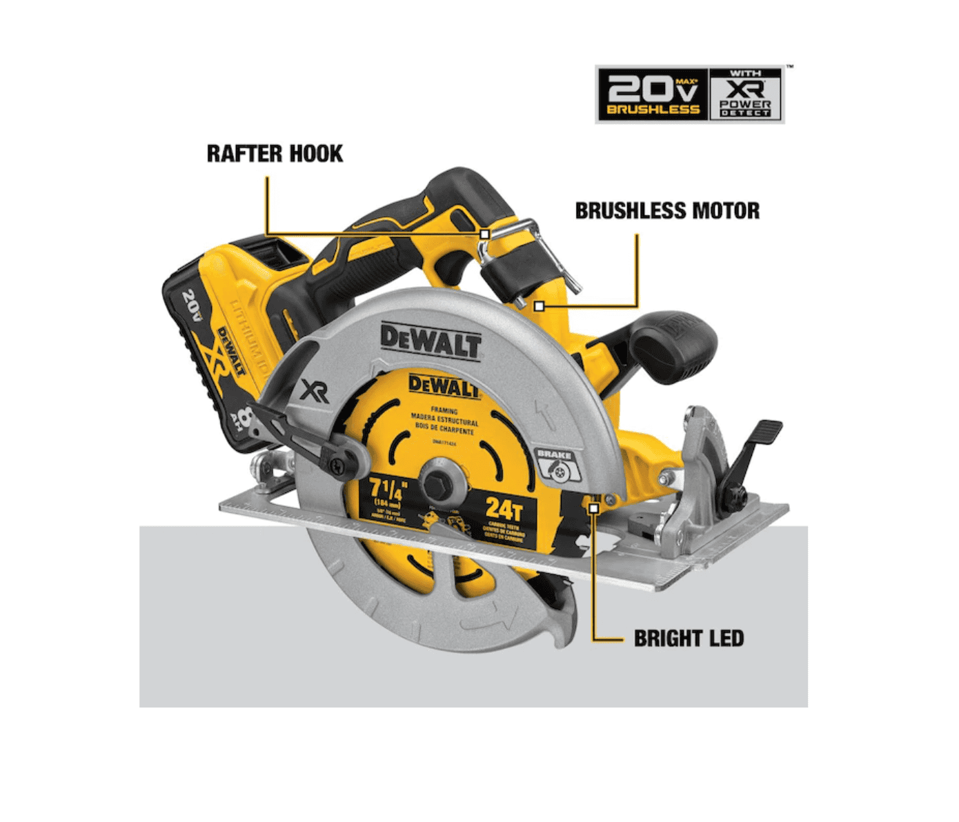 DEWALT Circular Saw DCS574W1 XR POWER DETECT 20-Volt Max 7-1/4-in Brushless Cordless (1-Battery and Charger Included) - Image 2